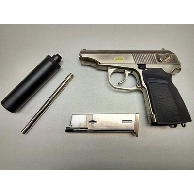 WE GBB plynová pistole Makarov s tlumičem - Stříbrná (nikl)
