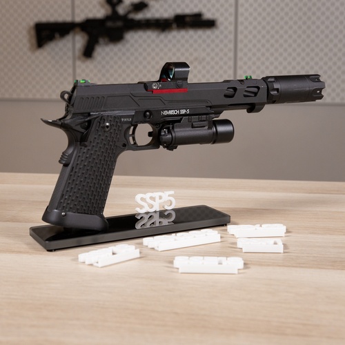 DynamicsHPA - Airsoftový krám, Airsoft zbraně, střelivo, vybavení - Novritsch stojánek pro pistole Glock a Hi-Capa, skleněný podstavec - Černá