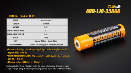 DynamicsHPA - Airsoftový krám, Airsoft zbraně, střelivo, vybavení - Dobíjecí USB baterie Fenix 18650 3500 mAh (Li-ion)