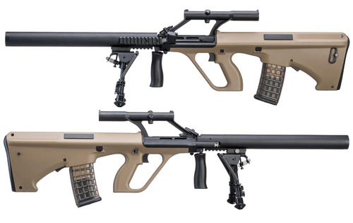 DynamicsHPA - Airsoftový krám, Airsoft zbraně, střelivo, vybavení - Steyr Aug  plus  tlumič  plus  optika  plus  dvojnožka (SW-020-AM) - pískový